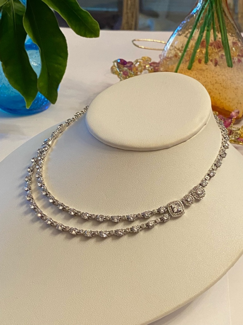 Elegant Couture CZ Double Strand Silver Tone Tennis Necklace